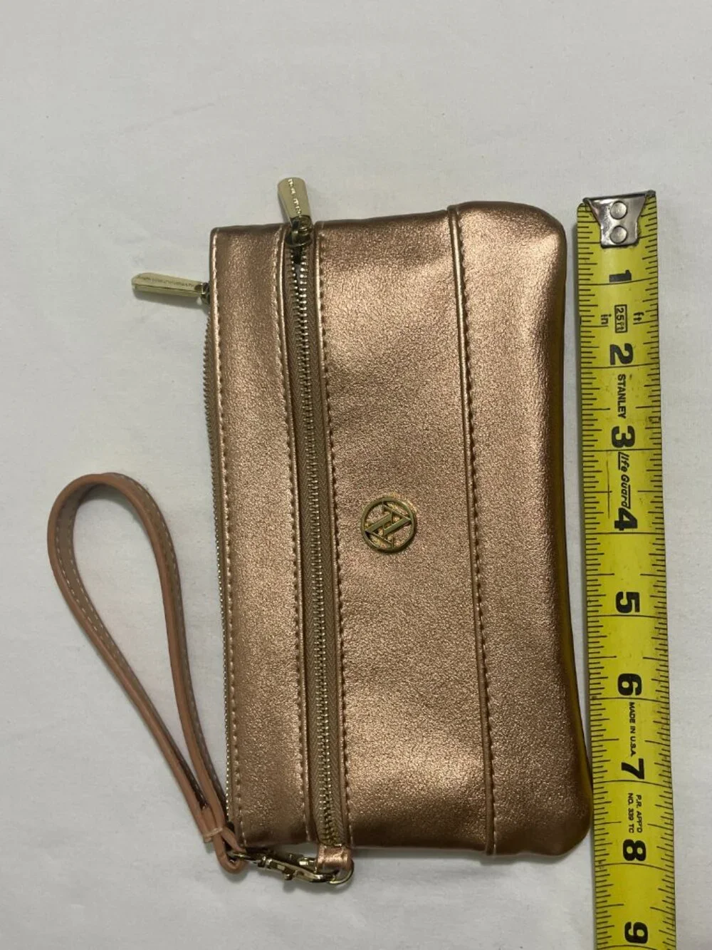Adrienne Vittadini Rose Gold Metallic Wristlet Wallet Clutch Double Zip Pouch